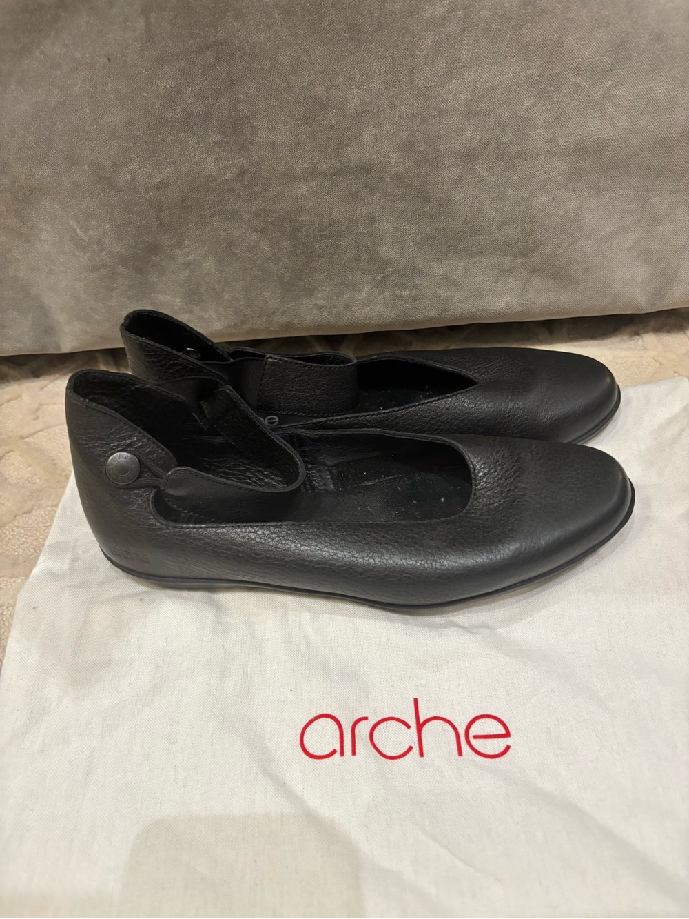 Arche Black Leather Mary-Jane Style Flats with Button Strap